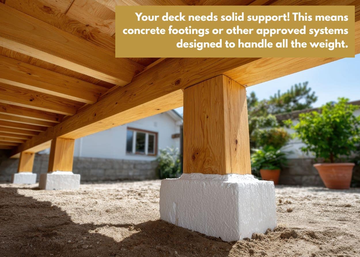Your deck needs solid support! This means concrete footings or other approved systems designed to handle all the weight.