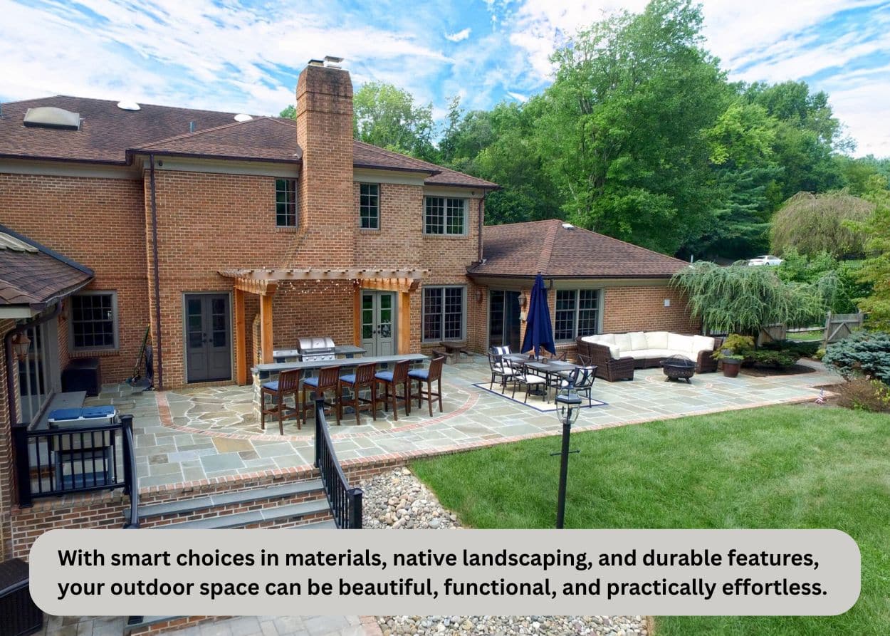 With smart choices in materials, native landscaping, and durable features, your outdoor space can be beautiful, functional, and practically effortless.
