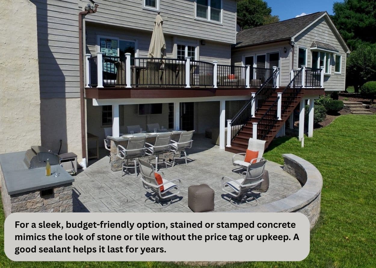 For a sleek, budget-friendly option, stained or stamped concrete mimics the look of stone or tile without the price tag or upkeep. A good sealant helps it last for years.