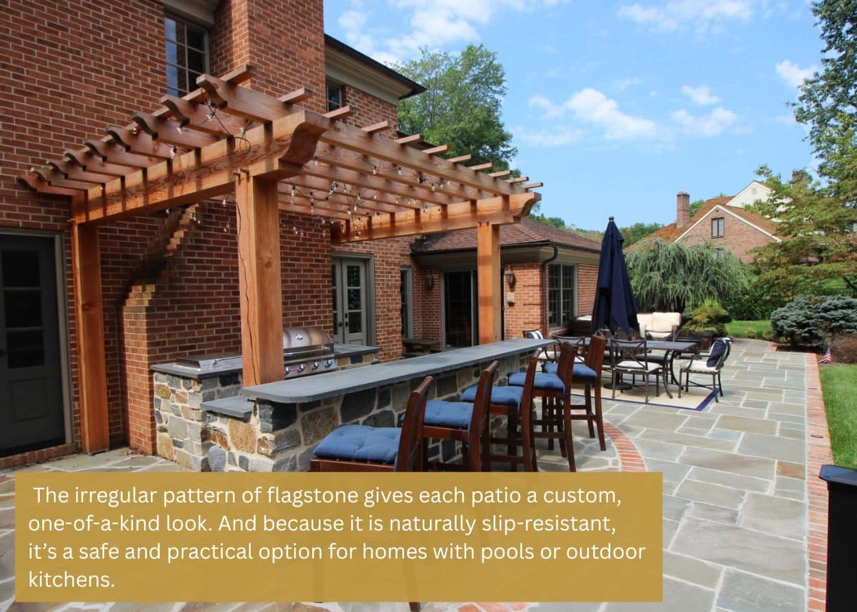 Outdoor patio with a stone bar, wooden pergola, bar seating, and a dining area beside a brick home. Caption: The irregular pattern of flagstone gives each patio a custom, one-of-a-kind look. And because it is naturally slip-resistant, it’s a safe and practical option for homes with pools or outdoor kitchens.