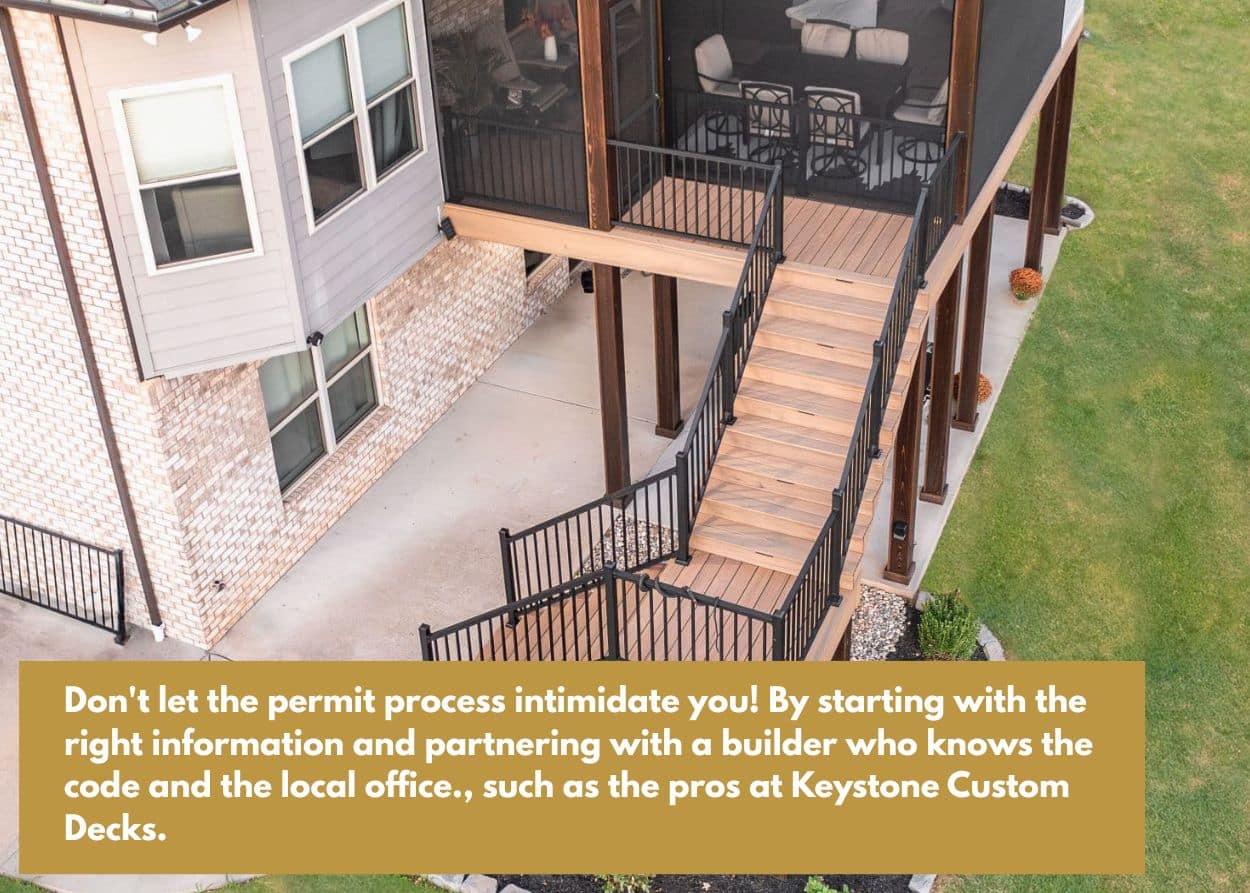 Completed multi-level residential deck with stairs and railings viewed from above. Caption: Don't let the permit process intimidate you! By starting with the right information and partnering with a builder who knows the code and the local office., such as the pros at Keystone Custom Decks.