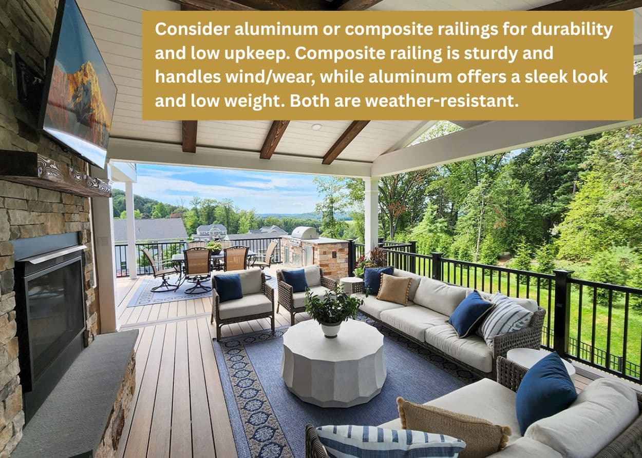 Cozy covered porch with ceiling beams, outdoor fireplace, and lounge seating overlooking a scenic neighborhood. Caption: Consider aluminum or composite railings for durability and low upkeep. Composite railing is sturdy and handles wind/wear, while aluminum offers a sleek look and low weight. Both are weather-resistant.