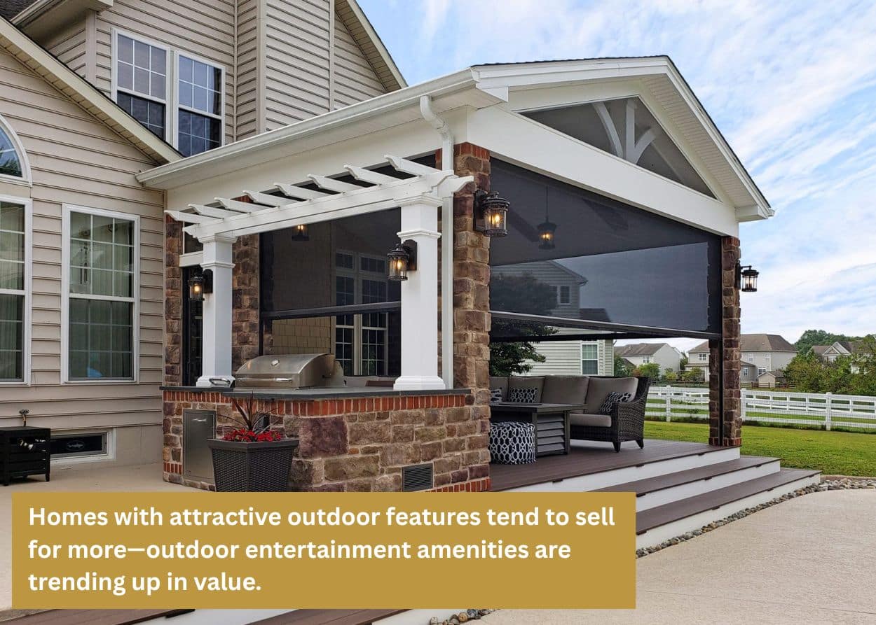Backyard with multi-level deck and circular patio featuring outdoor seating, surrounded by lush landscaping. Caption: Homes with attractive outdoor features tend to sell for more—outdoor entertainment amenities are trending up in value.