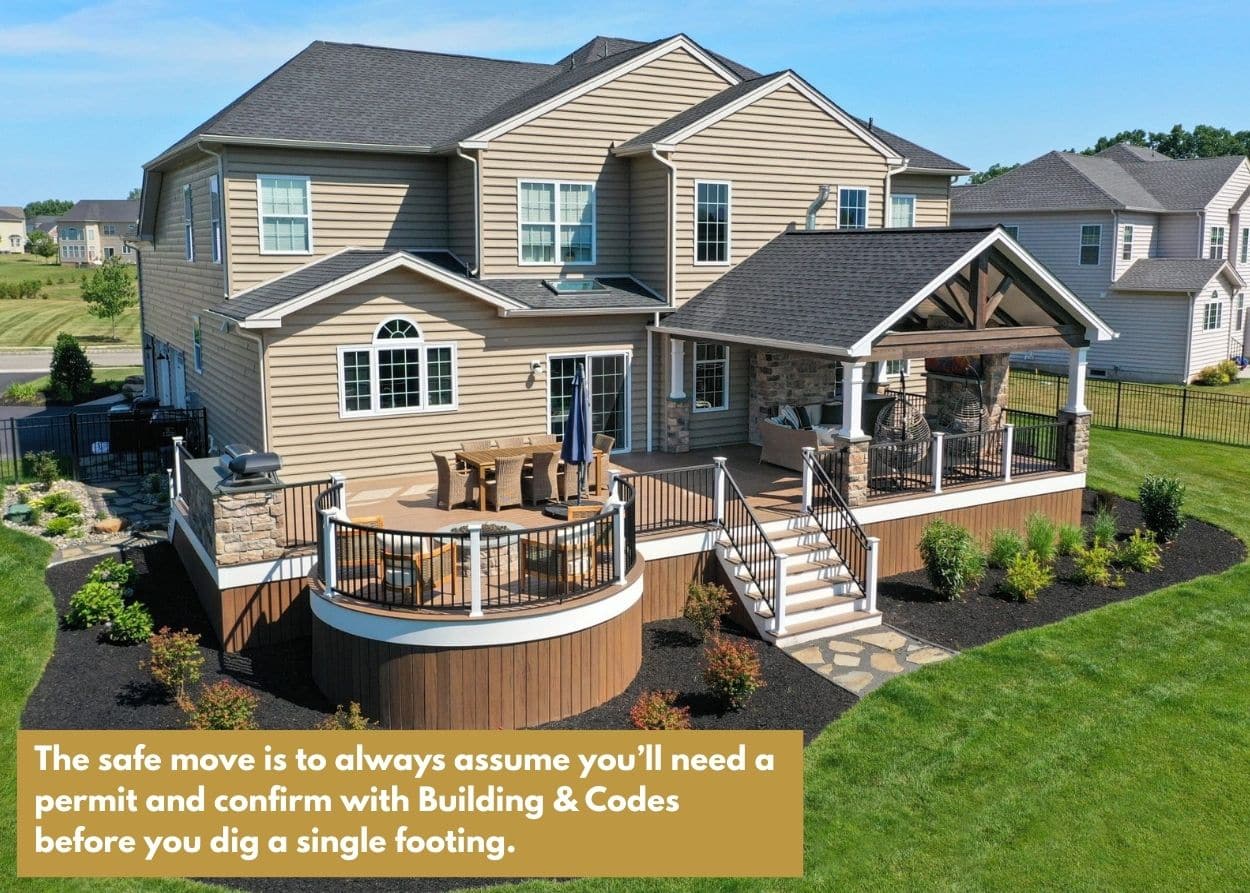Custom multi-level backyard deck with covered porch attached to a two-story home. Caption: The safe move is to always assume you’ll need a permit and confirm with Building & Codes before you dig a single footing.