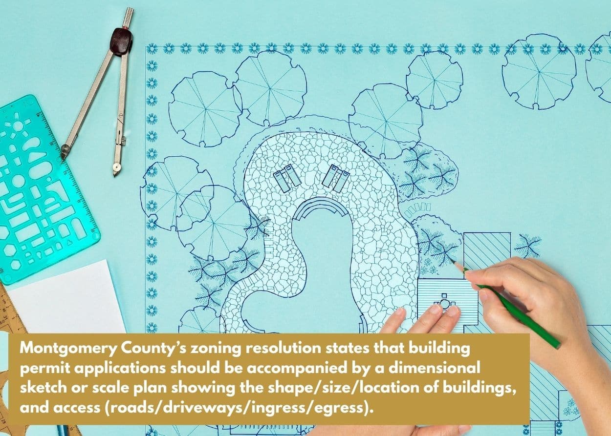 Outdoor living space site plan drawing with patio layout and landscaping details. Caption: Montgomery County’s zoning resolution states that building permit applications should be accompanied by a dimensional sketch or scale plan showing the shape/size/location of buildings, and access (roads/driveways/ingress/egress).
