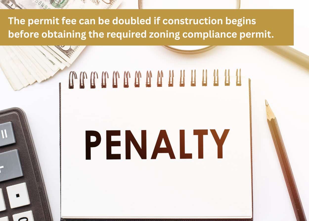 Deck building permit penalty notice with calculator and cash showing potential fines for building a deck without a permit in Tennessee