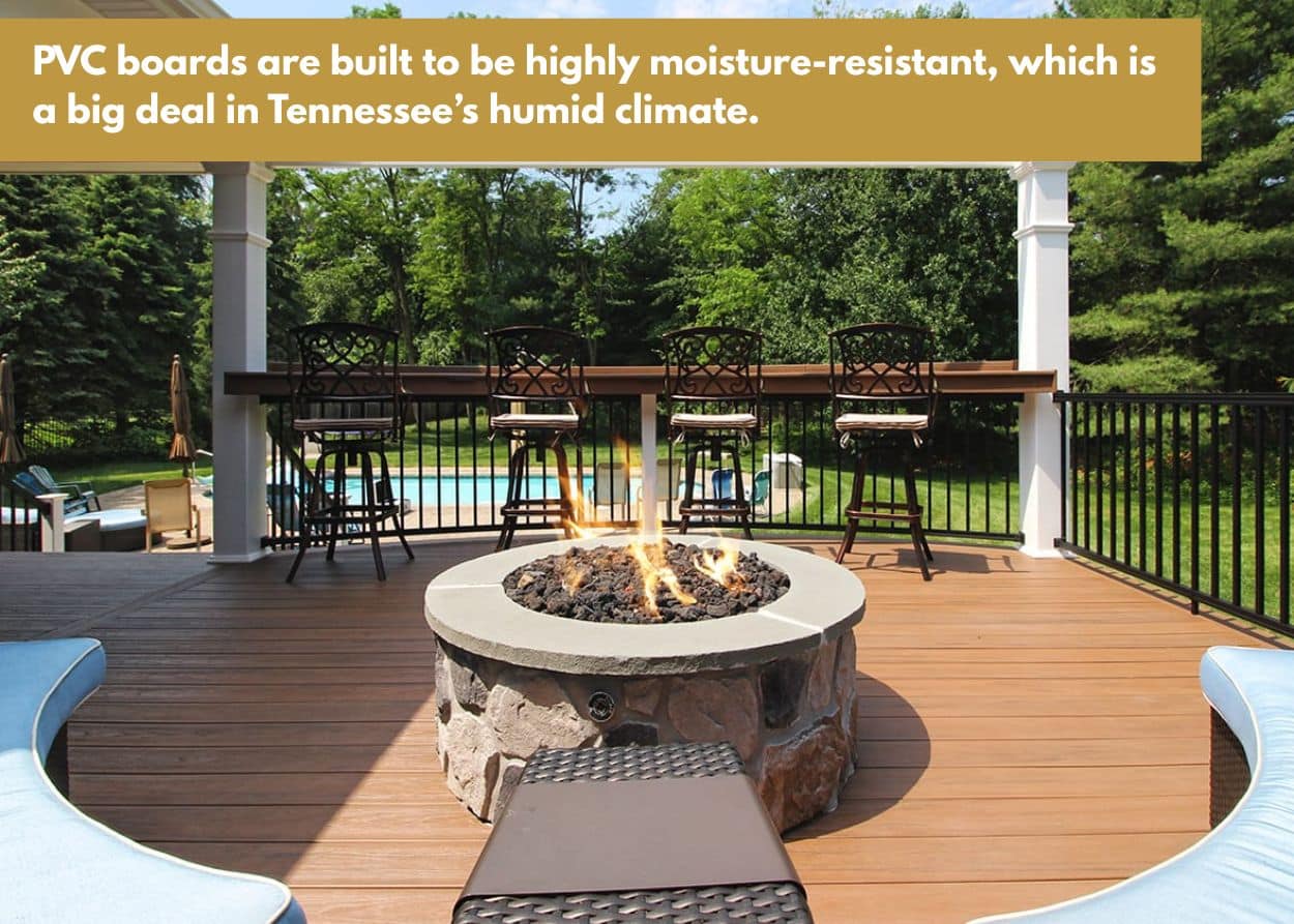 Raised Tennessee deck with pergola and round fire pit seating area