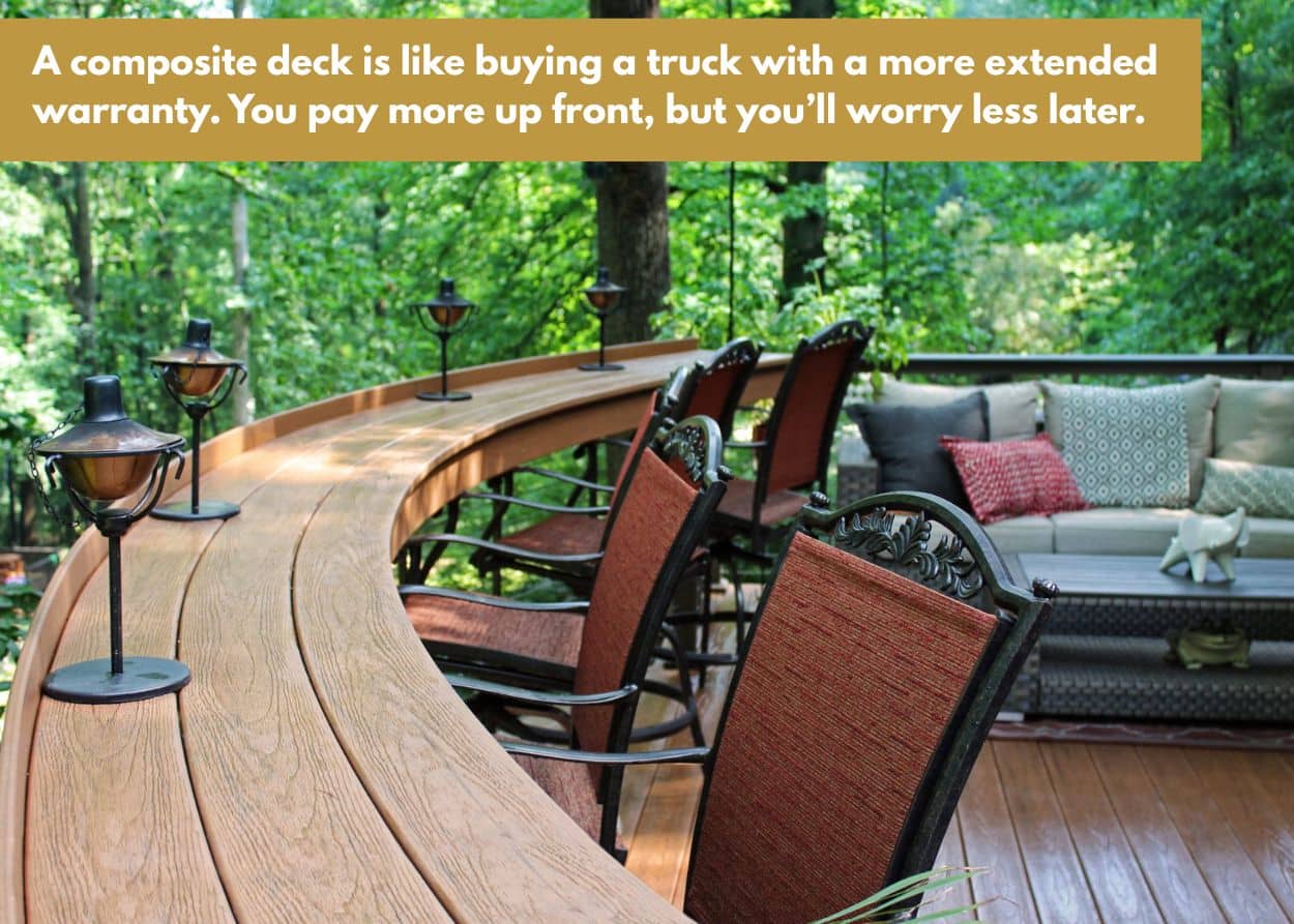 Curved composite deck bar with high-top seating overlooking wooded backyard