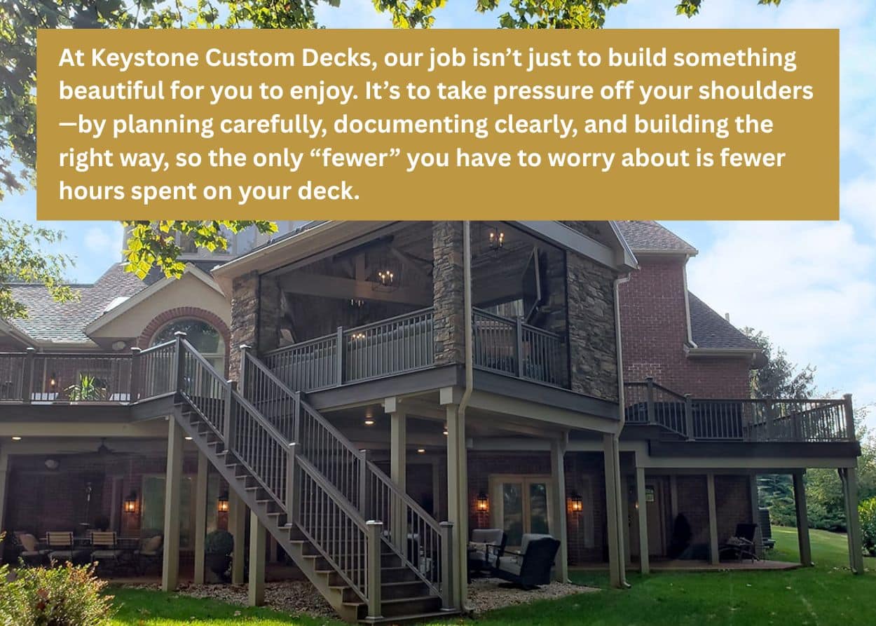 Two-story custom deck with stairs and covered porch built to code in Robertson County Tennessee with proper building permits