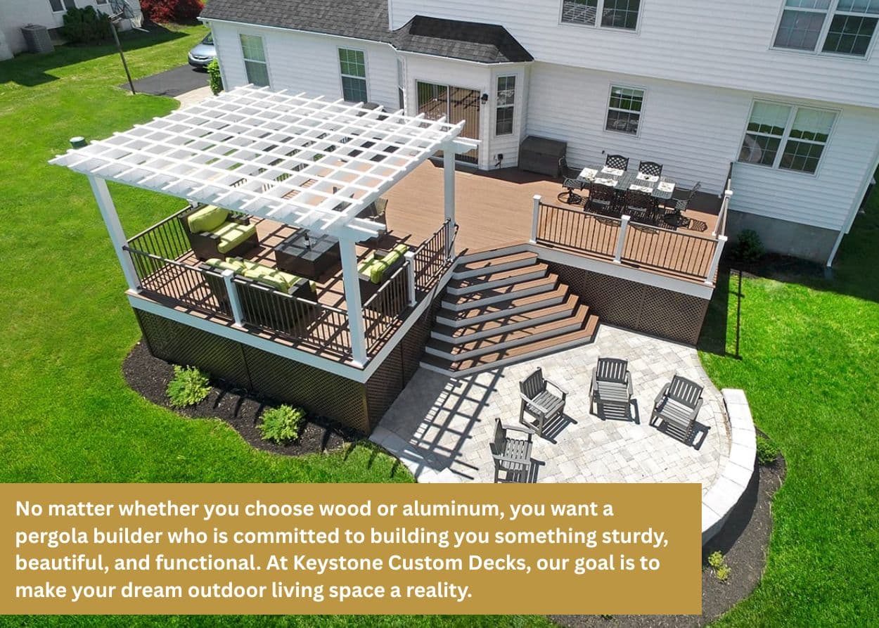 Backyard deck with white pergola structure creating shaded seating area above a patio and stairs.