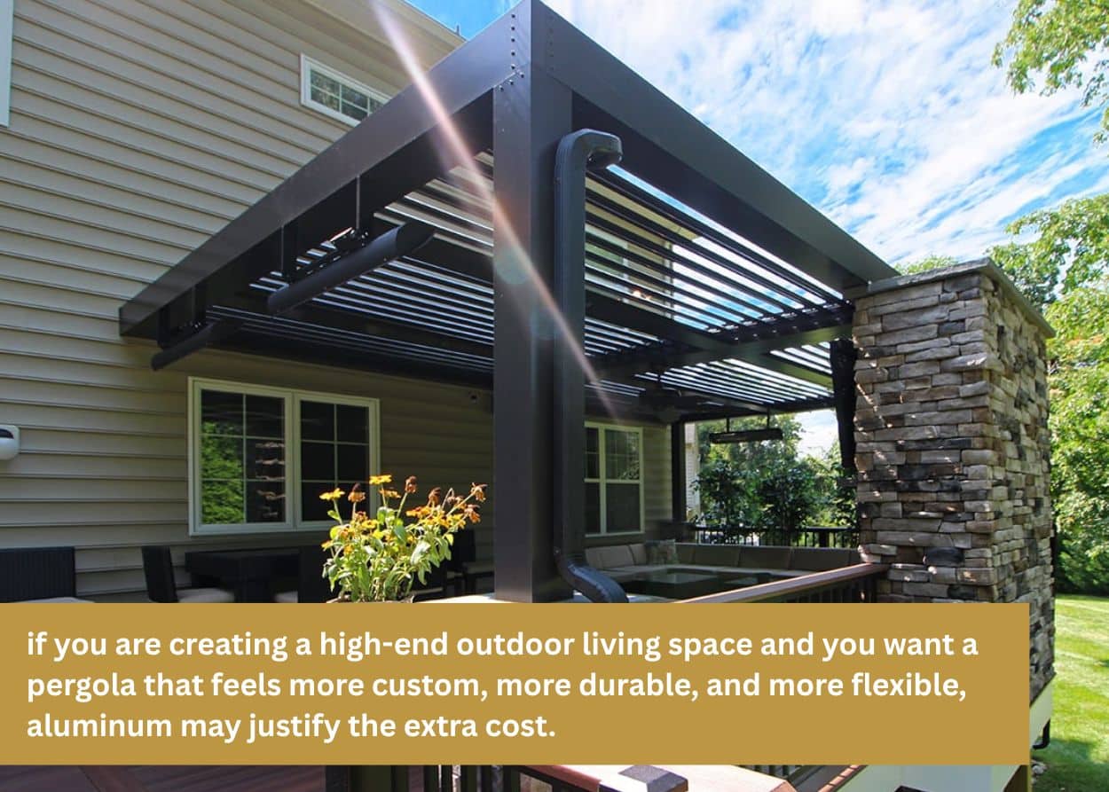 Contemporary aluminum pergola attached to home with stone columns and shaded lounge space.