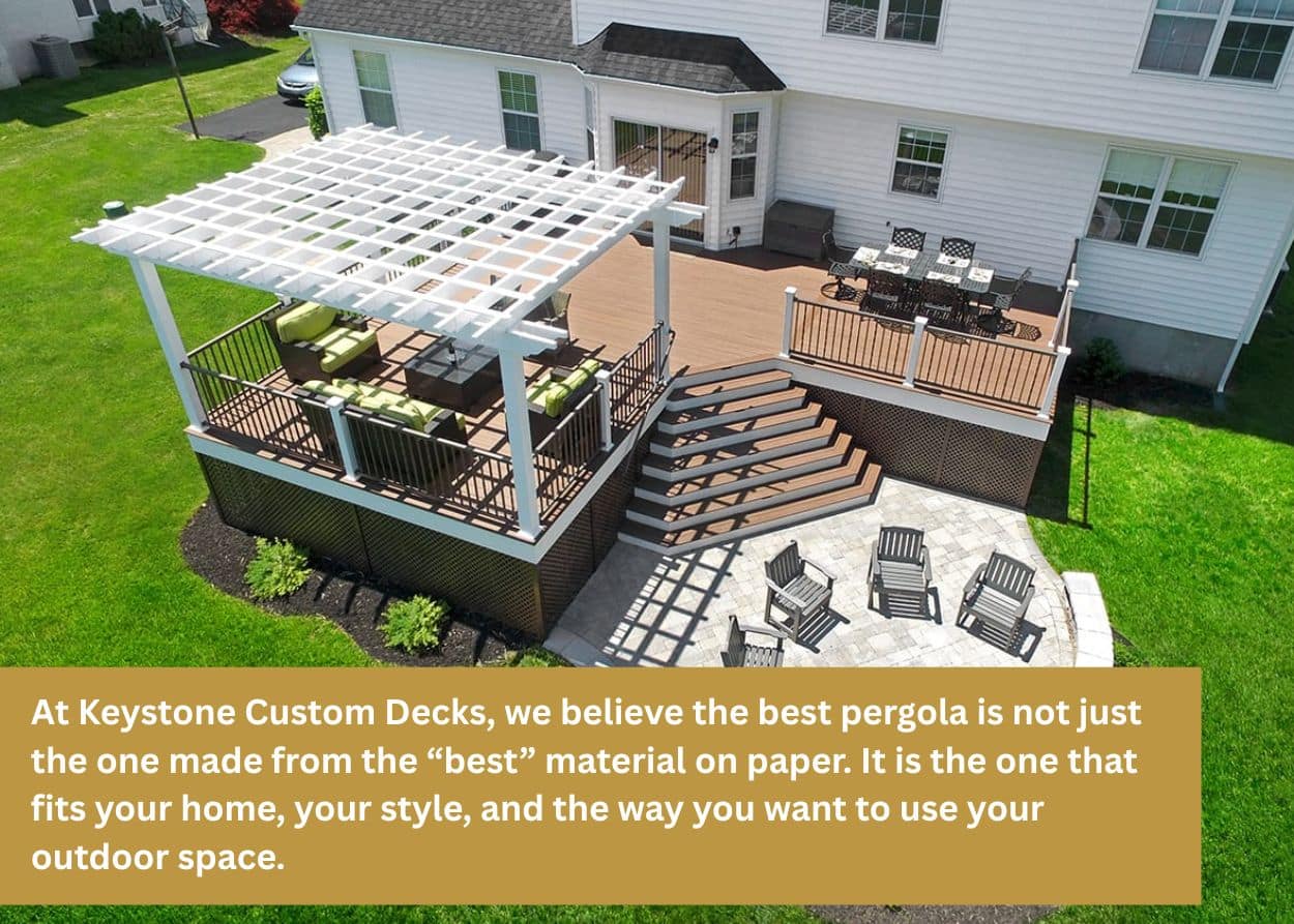 Aerial view of backyard deck with white pergola, stairs, and circular patio seating area.