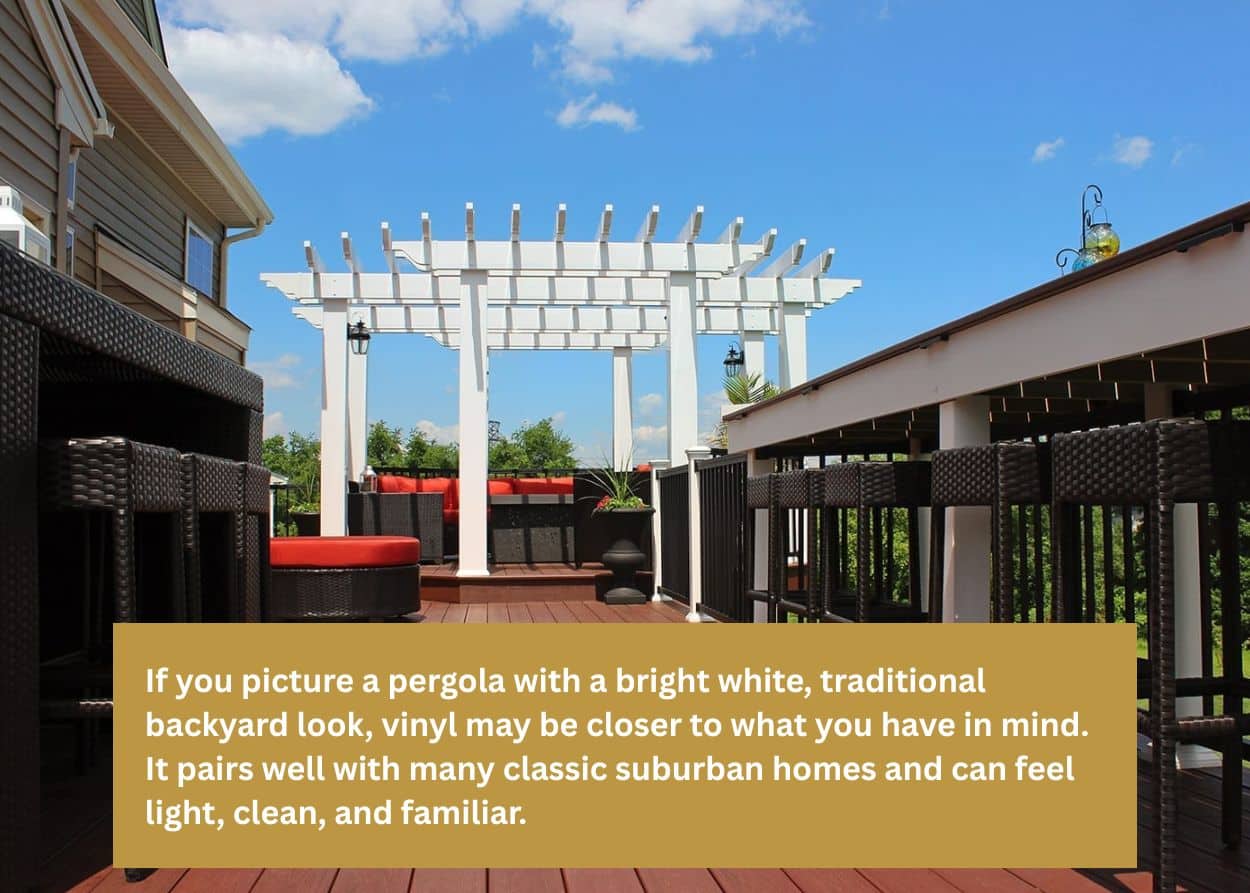 Outdoor deck with white vinyl pergola, bar seating, and modern patio furniture.