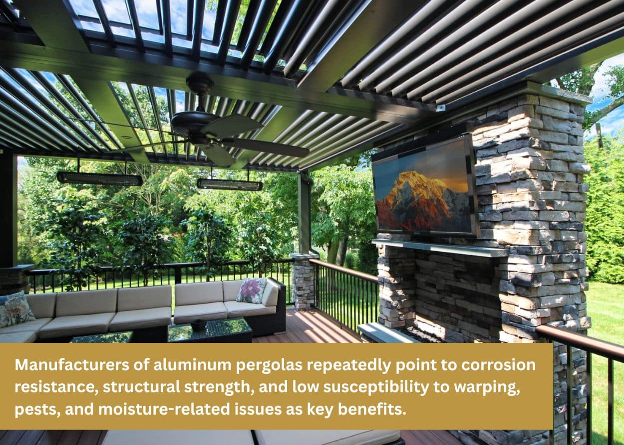 Modern aluminum pergola with adjustable louvers, ceiling fan, and outdoor seating area.