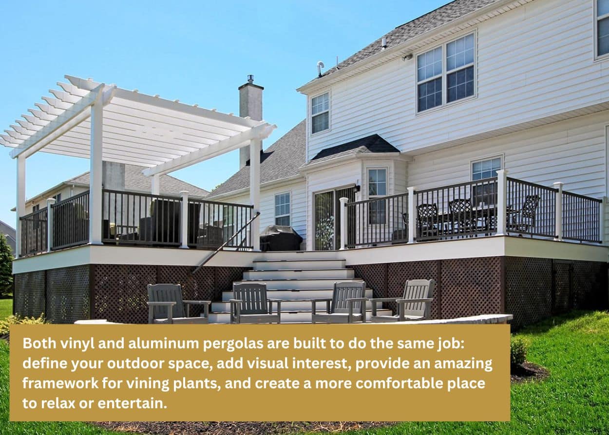 Backyard deck with white vinyl pergola, elevated seating area, and curved stone patio below.