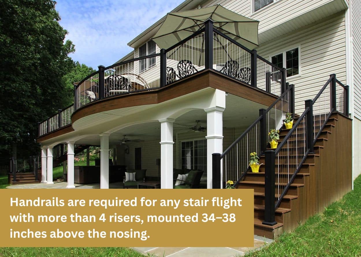 Two-story deck with stairs, black railing, and covered patio seating area.