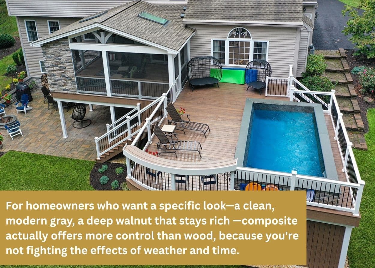 Large elevated composite deck with plunge pool, screened porch, curved railing, and multi-level outdoor living design