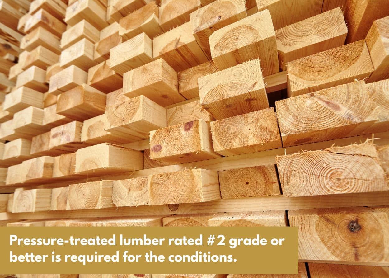 Stacked lumber materials for deck construction, showing wood requirements for building a deck