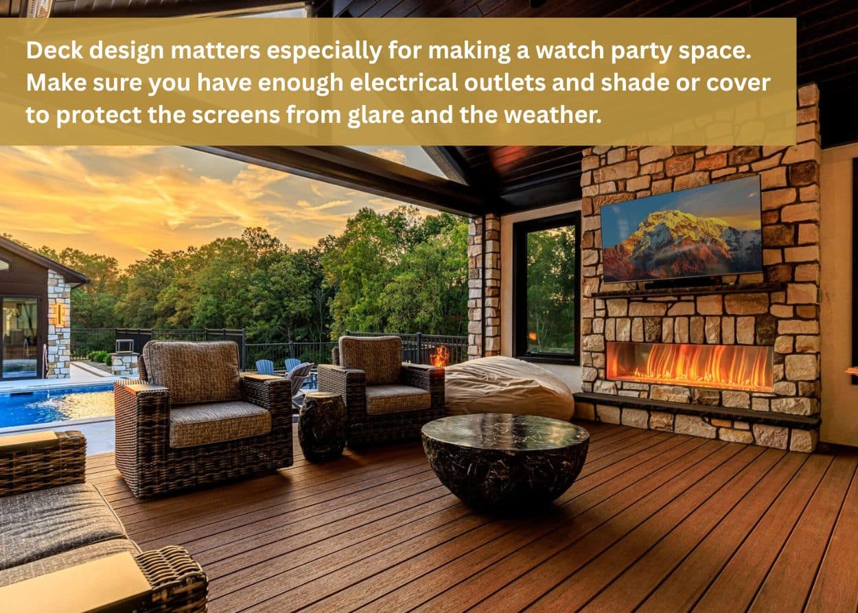 Covered deck with fireplace and seating area designed for hosting and relaxing outdoors