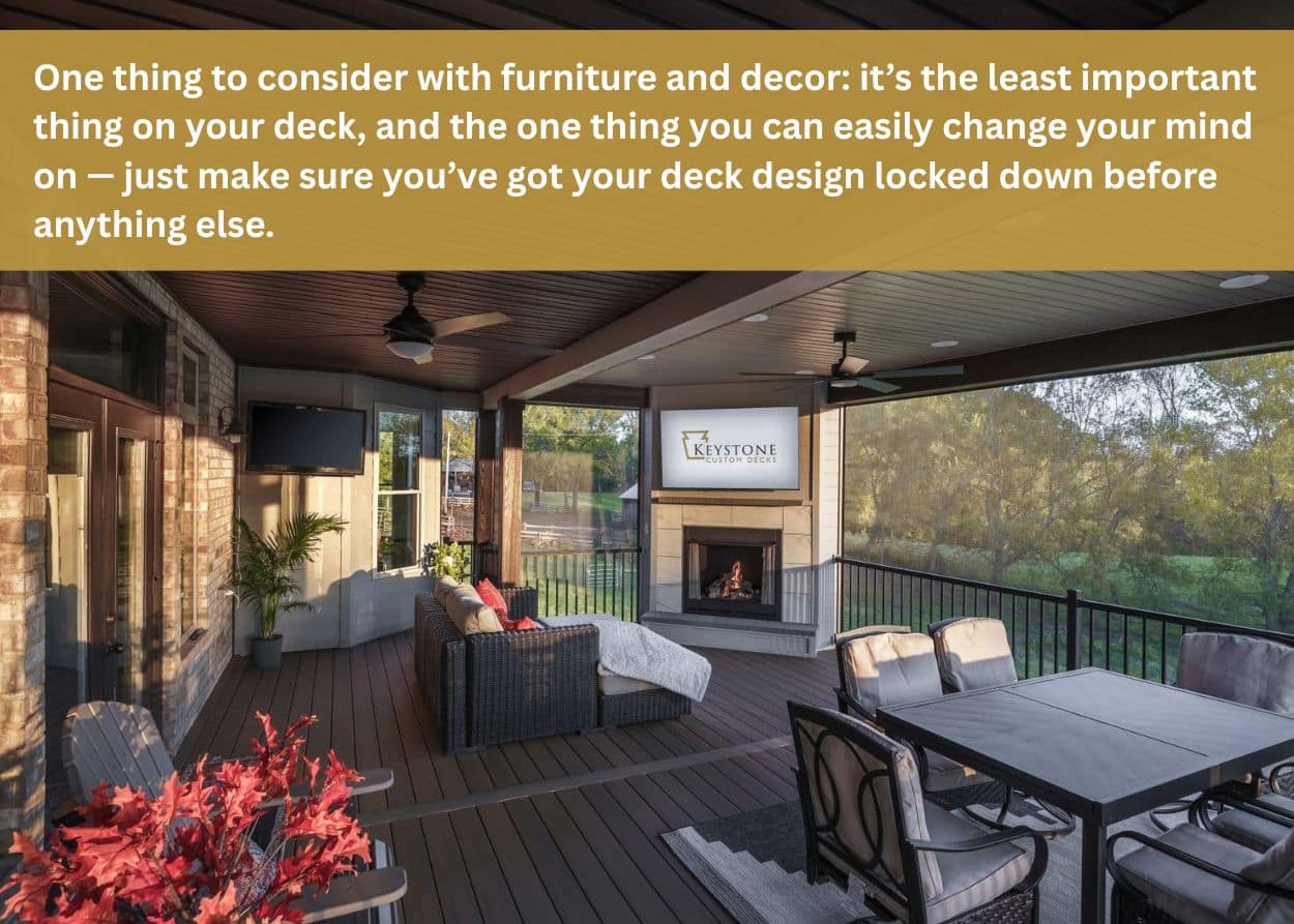 Screened-in deck with dining area, fireplace, and seating setup for comfortable entertaining