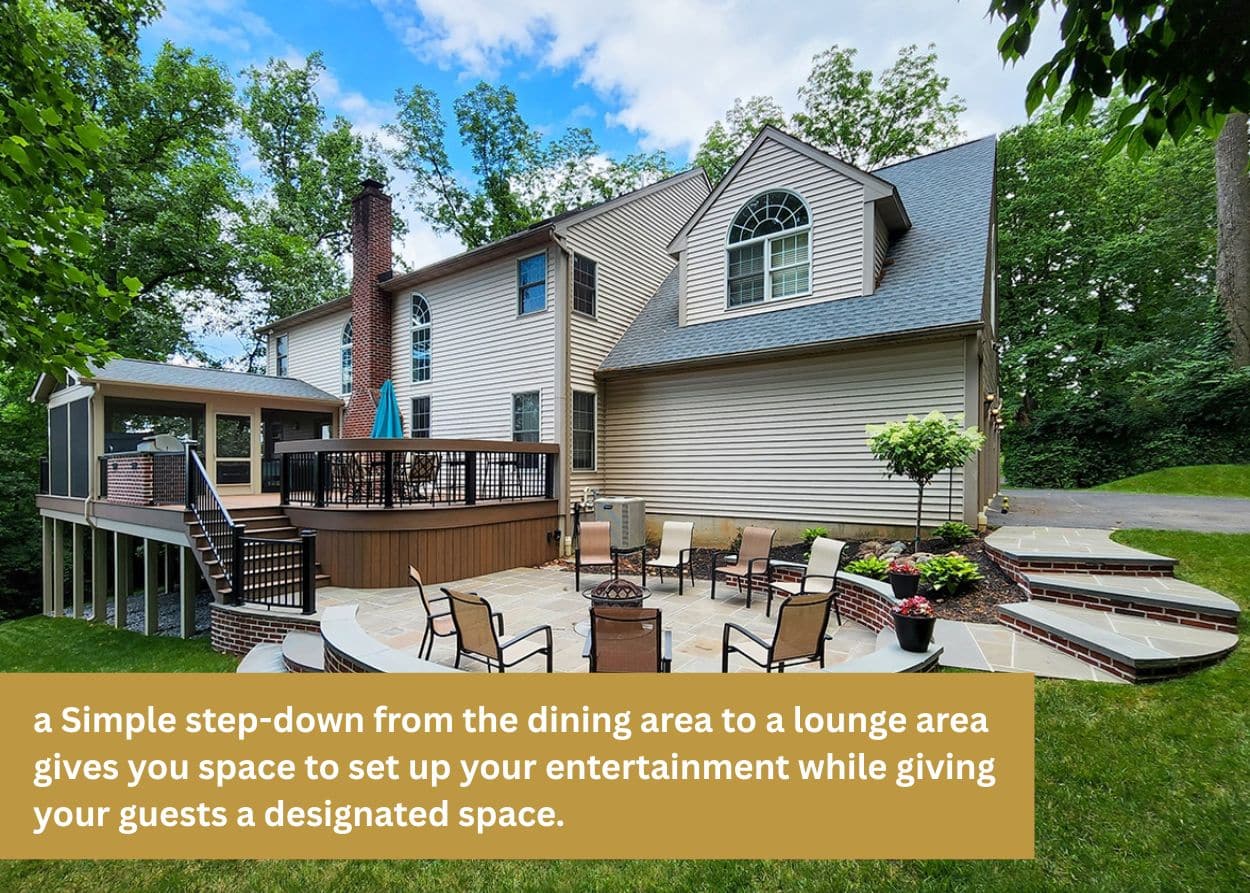 Backyard deck and patio layout designed for entertaining with seating area and multi-level outdoor space