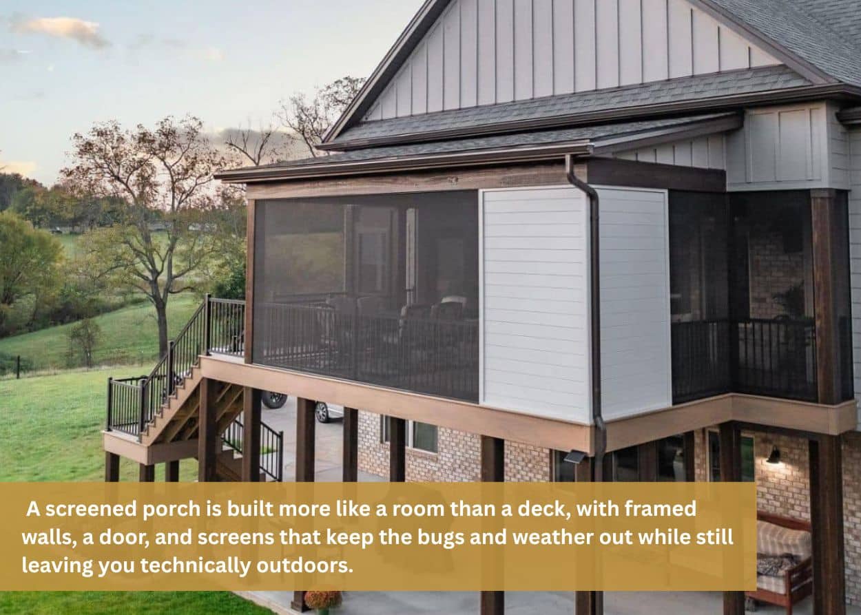 Elevated screened porch with composite decking, black railings, and covered outdoor living space overlooking a Tennessee backyard