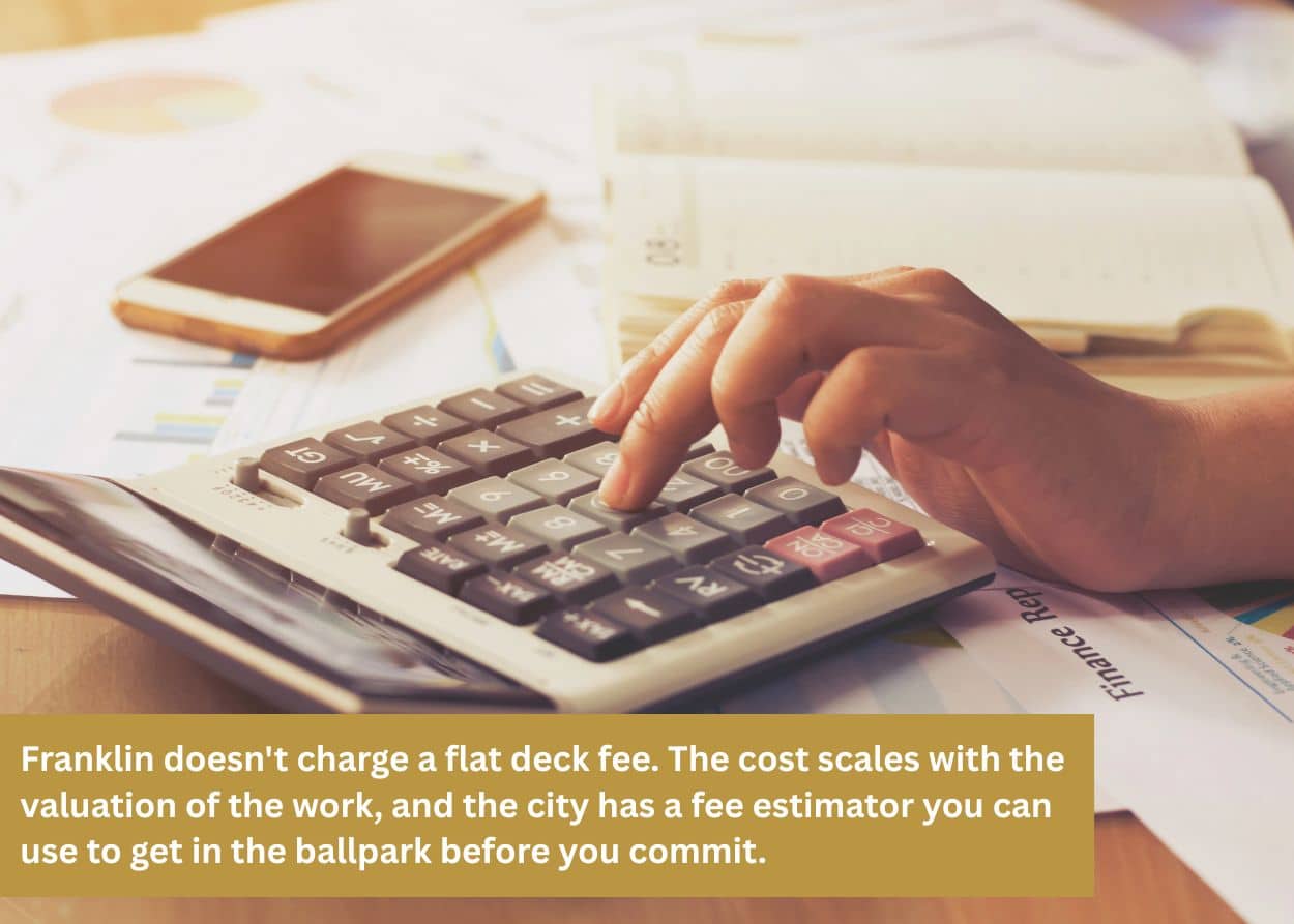 Homeowner calculating deck construction costs and permit valuation fees before building a deck in Franklin, Tennessee
