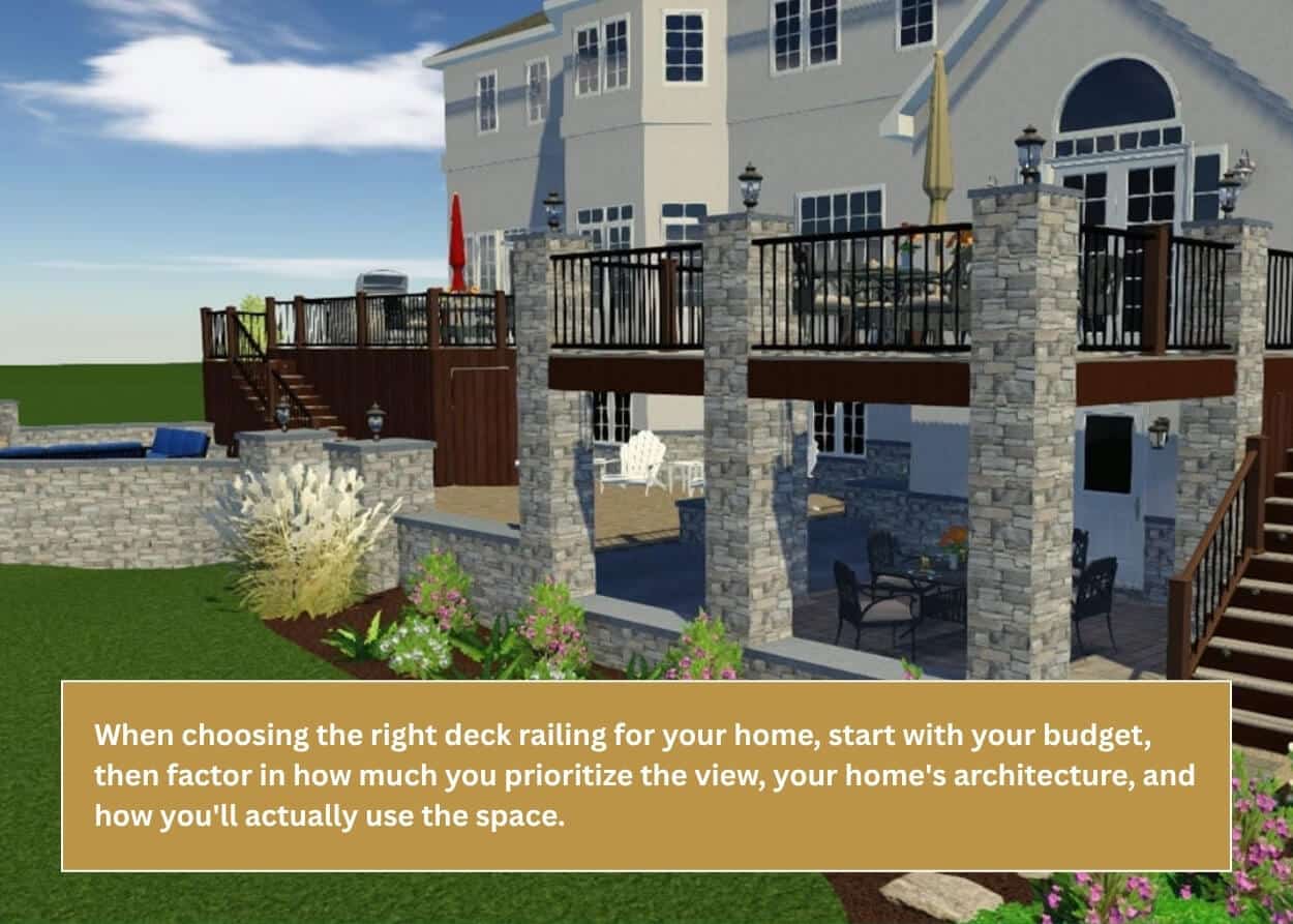 3D rendering of a custom multi-level deck and outdoor living space