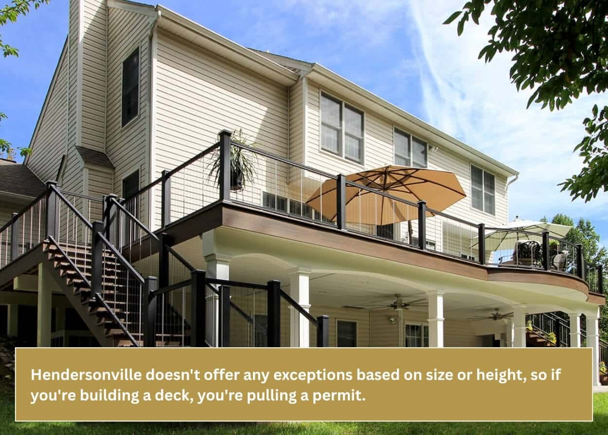 Elevated custom deck with stairs and covered patio in a Hendersonville backyard