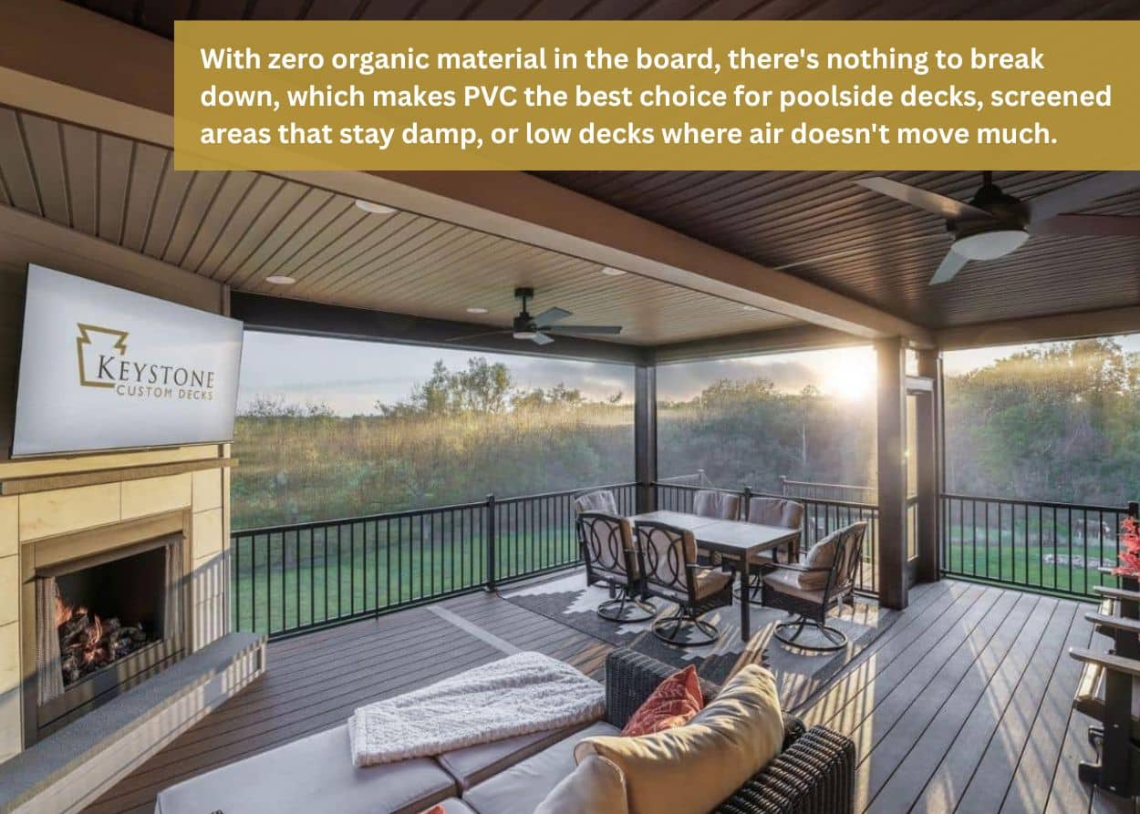 Covered PVC deck with screened walls, outdoor seating, fireplace, and dining area.