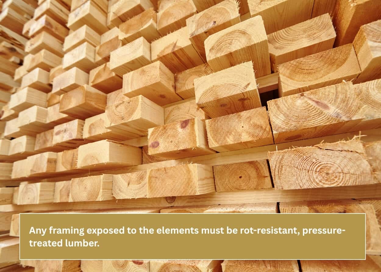Treated lumber stacked and ready for a new deck construction project